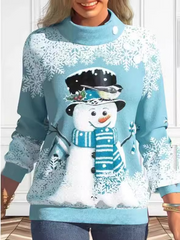 Snowman Print Light Blue Stand Collar Sweatshirt