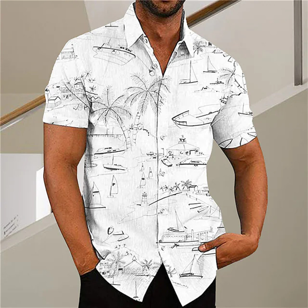 Coconut Tree Printed Turndown Collar Button Down Shirt