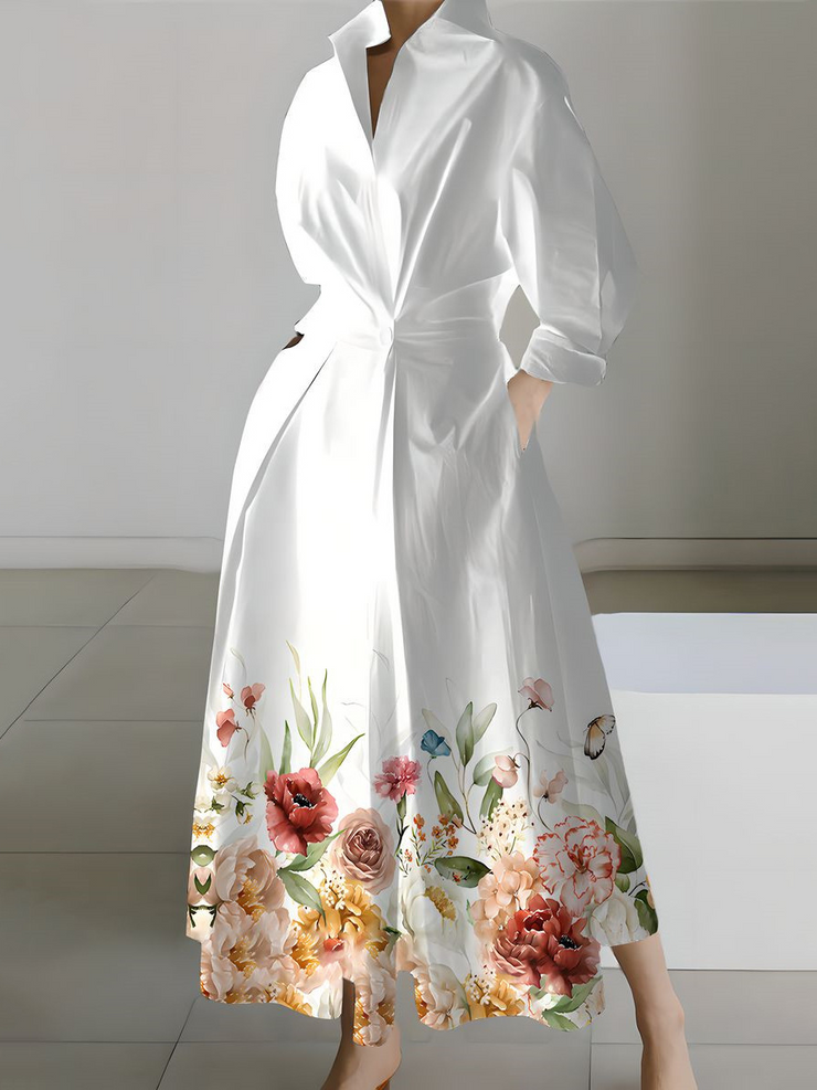 White Floral Printed Long Casual Shirt Dress