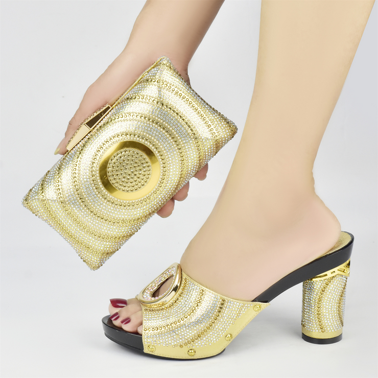 Crystal Sequined Chunky Heel Sandals With Matching Bag