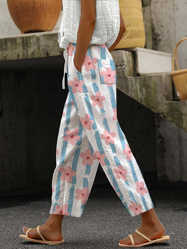 Casual Floral Printed Long Pocket Pants