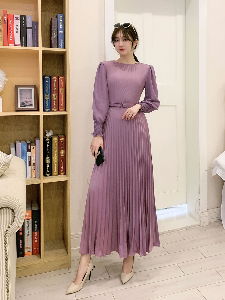 Simple Pleated Long Sleeves Belted Maxi Dress