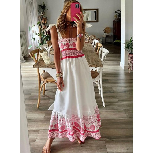 White Casual Printed Square Neck Sleeveless Long Dress