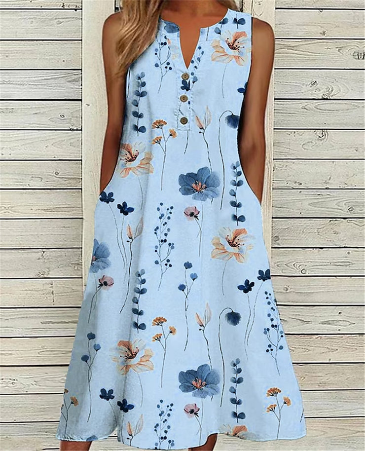 Women Floral Printed V Neck Sleeveless Loose Casual Midi Dress