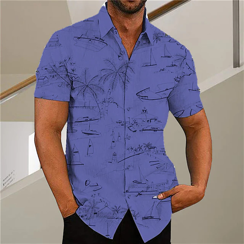 Coconut Tree Printed Turndown Collar Button Down Shirt