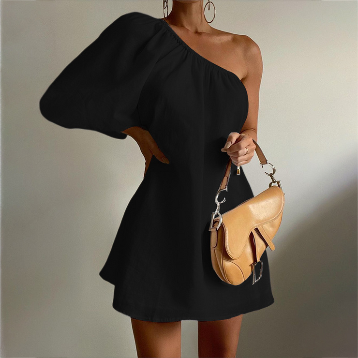 Oblique Shoulder One Sleeves Mini Dress