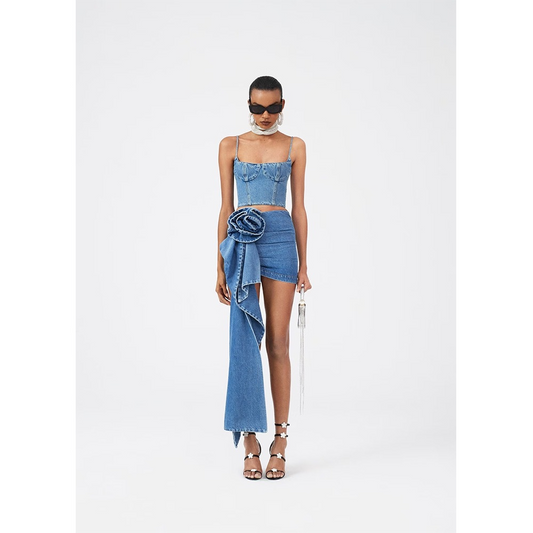 Draped Denim 3D Flower Top and Skirt