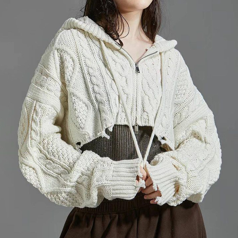 Hooded Destroyed Zip Up Knit Cardigan