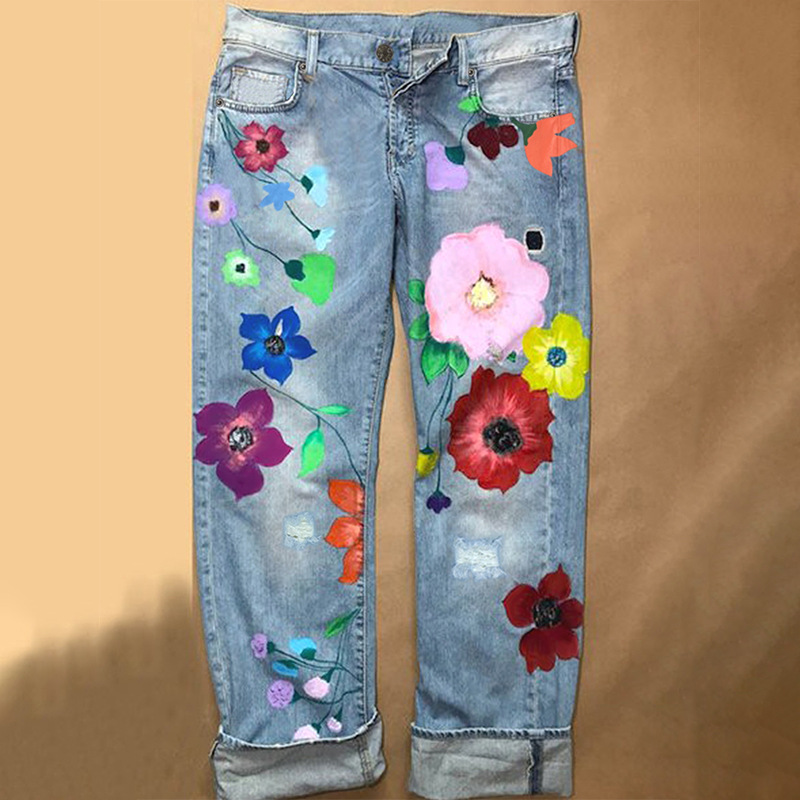 Casual Floral Printed Denim Jeans