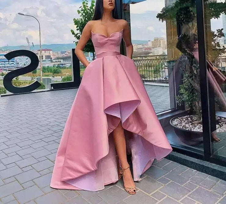 Pink Satin Tube Top Banquet Prom Dress