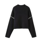 Contrast Whipstitching Turtleneck Long Sleeve Sweater