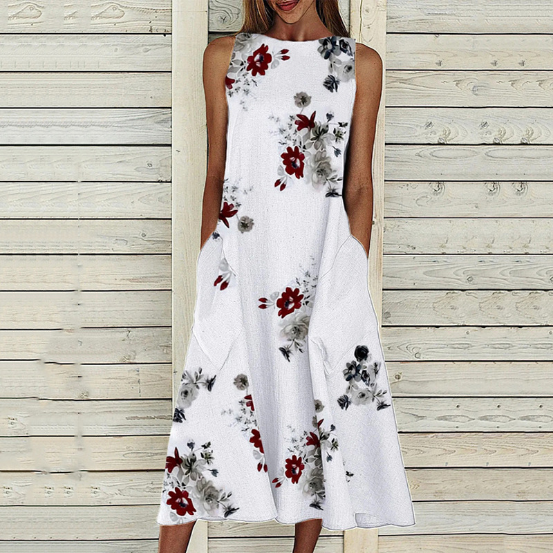 White Floral Printed Sleeveless Casual Dress