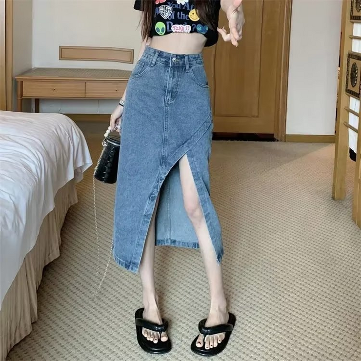 Asymmetric Hem Denim Wrap Slit Skirt