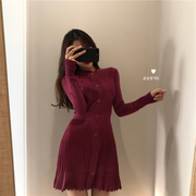 Ribbed Long Sleeve Round Neck Button Down Pleated Dress