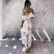 Short Sleeves Floral Printed Straps Pleated Stretch Long Dress