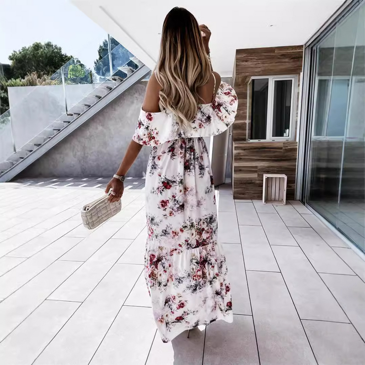 Short Sleeves Floral Printed Straps Pleated Stretch Long Dress