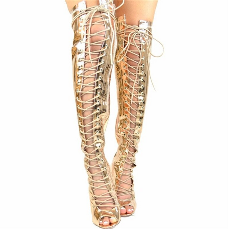 Gold Metallic Peep Toe Stiletto Heels Lace Up Thigh High Boots