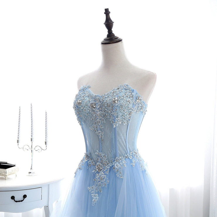 Princess Sweetheart Lace Tulle Sweep Train Appliques Lace Prom Dress