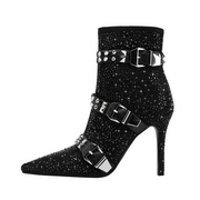 Diamond Belt Buckle Pointed High Heels Women's Short Boots