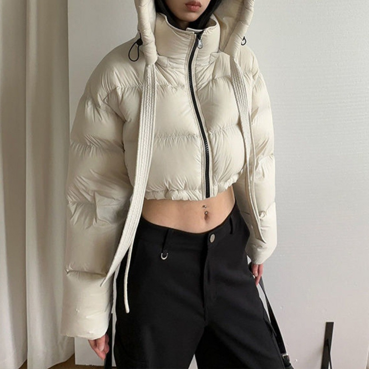 Hooded Tie Zipper Puffer Crop Coat