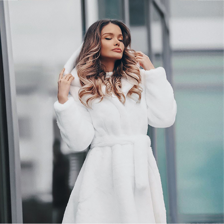 Winter Belted Hooded Faux Fur Coat