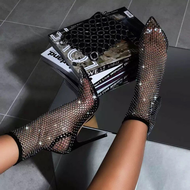 Rhinestone Net Pointed Toe Heeled Ankle Boots