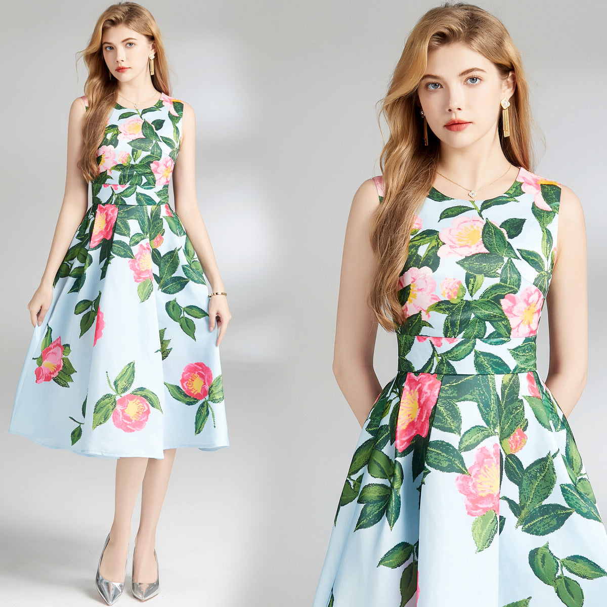 Minty Floral Printed Tie-Strap Midi Dress