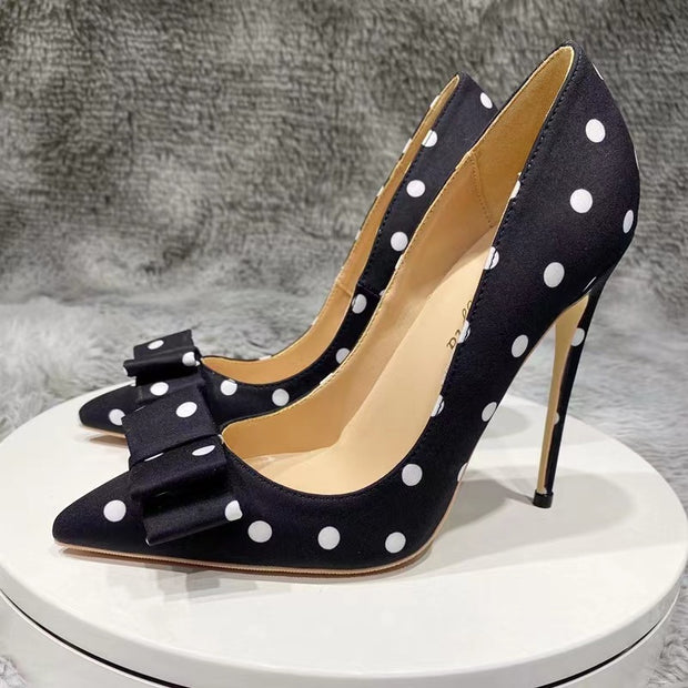 Black Satin Bow Heels Polk Dot Heeled Dress Shoes Pumps