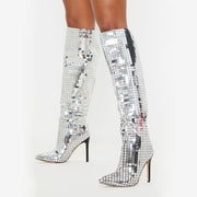 Women's Mirror Disco Ball Knee High Bright Leather Heeled Prom Party Boots