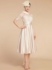 Mother of the groom/bride Boat Neck Satin Lace Elegant Dress