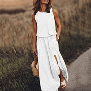 Women's Round Neck Solid Cotton-Blend Boho Maxi Dress