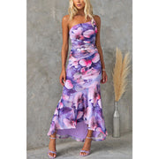 Deja Mesh Floral Print One Shoulder Ruched Stretch Maxi Dress