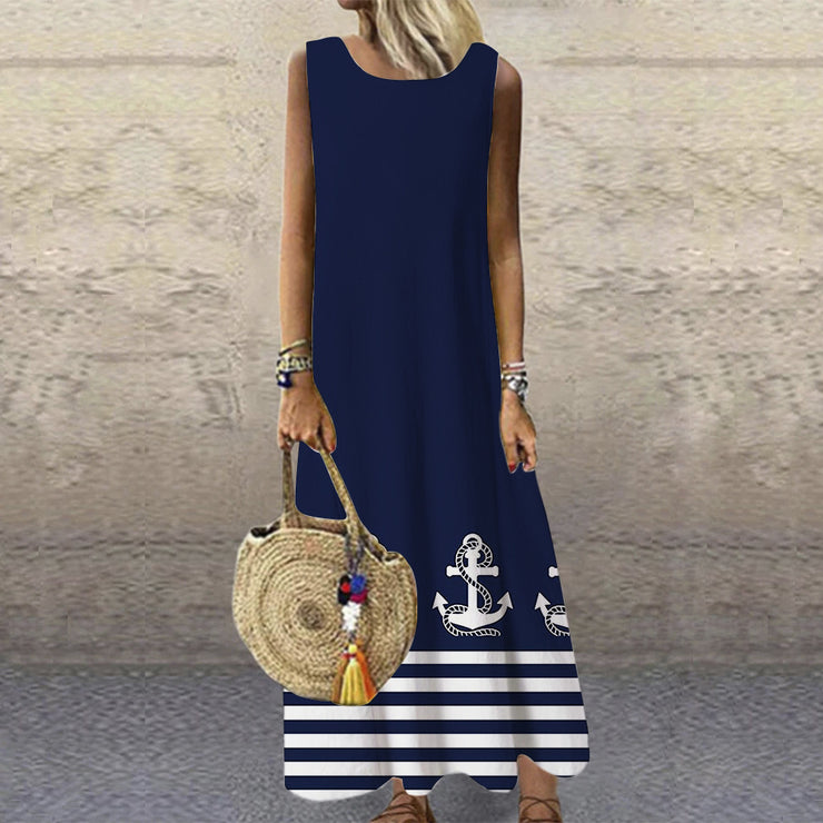 Loose Casual Color Block Crew Neck Maxi Dress