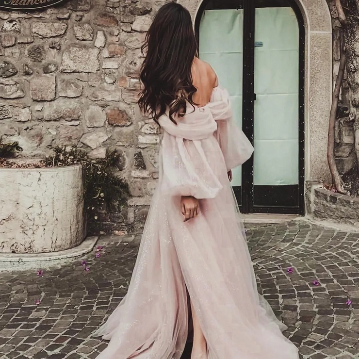 Pink Off Shoulder Long Sleeves Long Prom Dress