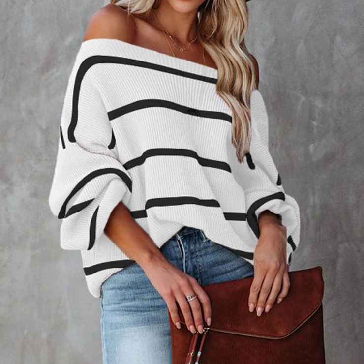 Boho Chic Striped Knit Off Shoulder Sweater