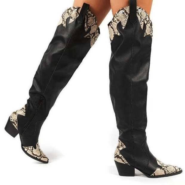 Pointy Toe Python Embossed Western Thigh-High Boots