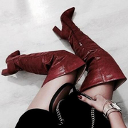 Snakeskin Pointy Toe Chunky Heel Over The Knee Boots