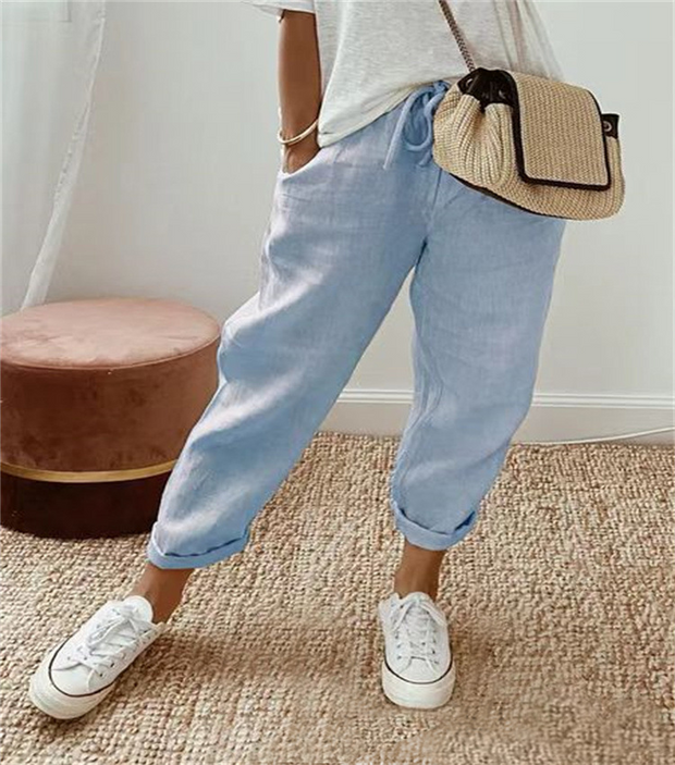 Casual Baggy Cotton Linen Cropped Plain Pant