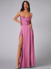 Satin A-Line Sleeveless Front Slit Prom Dress