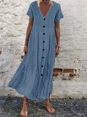 Cotton Plain V Neck Casual Boho Dress