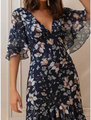 Chiffon Navy Floral Printed V Neck Dress