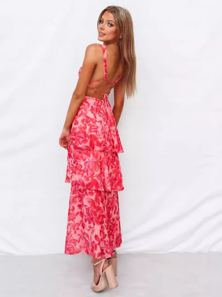 Floral Printed Strappy Back Ruffle Midi Dress