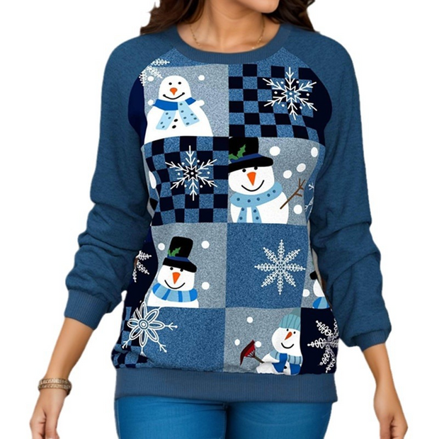 Christmas Print Blue Round Neck Sweatshirt