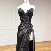 Black V Neck Sleeveless Front Slit Prom Dress