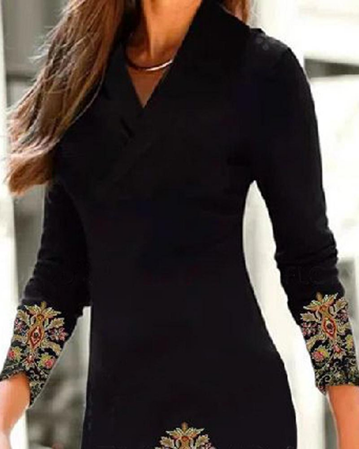 Black V Neck Full Sleeves Casual Dress