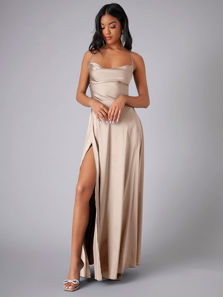 Satin A-Line Sleeveless Front Slit Prom Dress