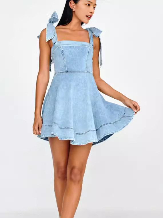 Denim Bow Shoulder Mini Dress