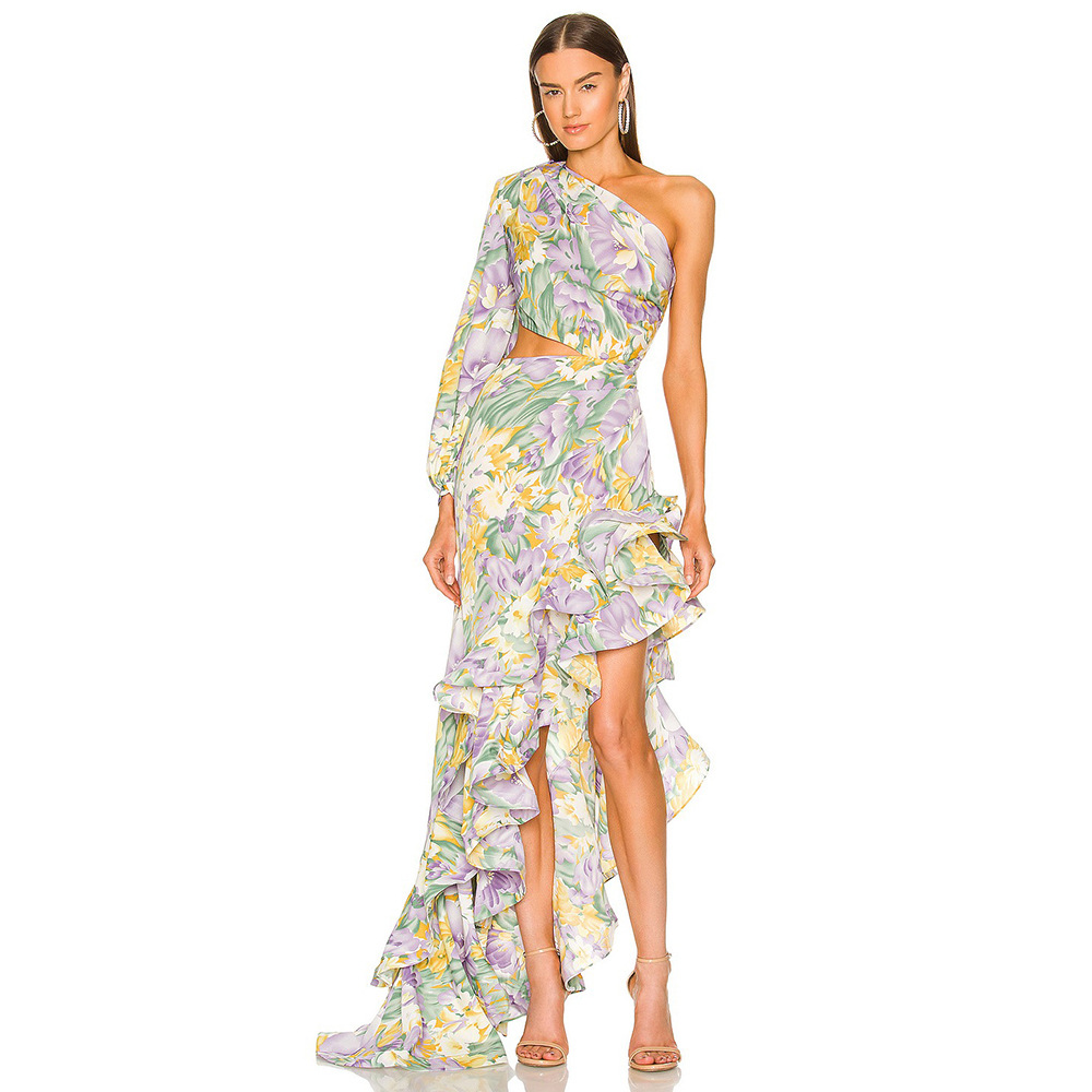 One Shoulder Ruffle Cut out Floral Printed Dress