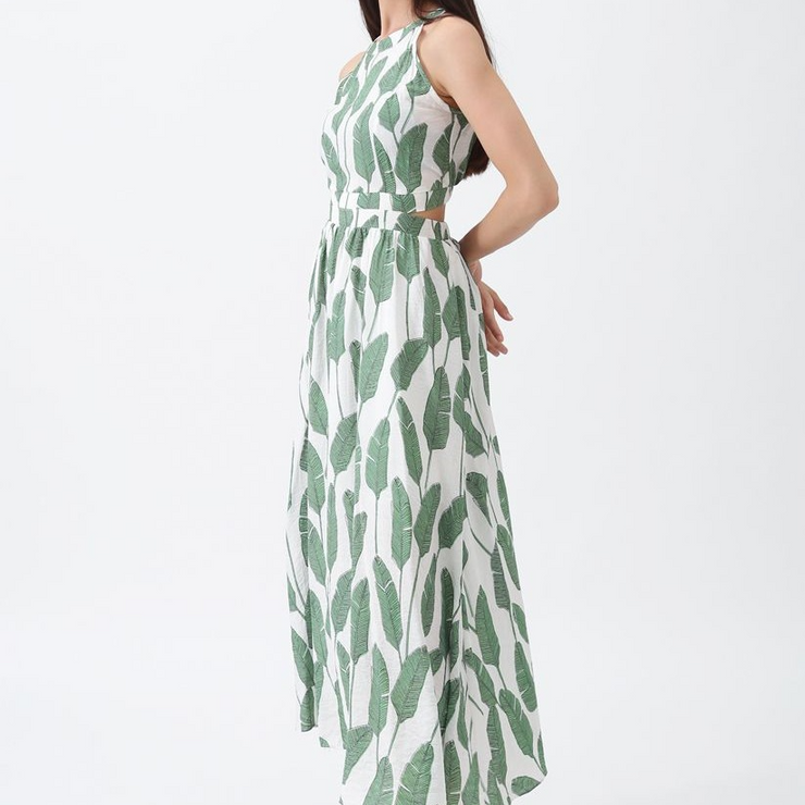 Leave Printed Sleeveless Halter Neck Maxi Dress