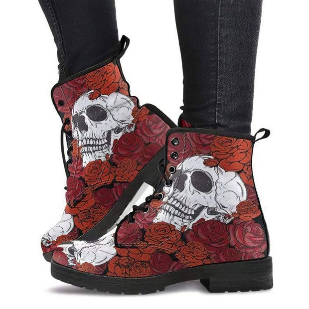 Rose Skeleton Print Lace-Up Eyelet Martin Boots